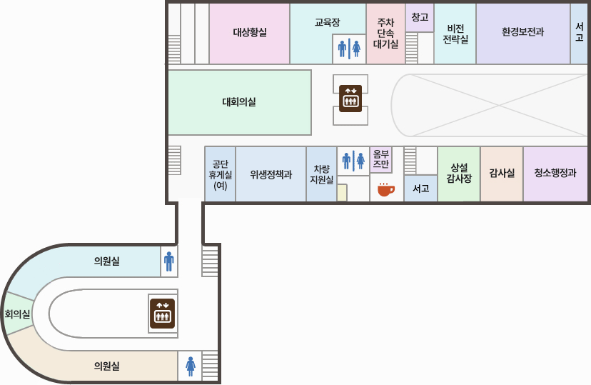 3층 청사안내도(왼쪽 상단부터 시계방향으로) : 대회의실, 대상황실, 교육장, 화장실, 주차단속대기실, 창고, 비전전략실, 환경보전과, 서고, 청소행정과, 감사실, 상설감사장, 서고, 쉼터, 옴부즈만,  화장실, 차량지원실, 위생정책과, 공단휴게실(여) / (왼쪽하단구역) : 회의실, 의원실, 화장실, 화장실, 의원실