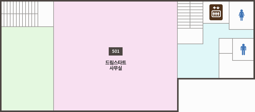 별관5층 청사안내도(왼쪽상단부터 시계방향으로) : 501-드림스타트 사무실, 엘리베이터, 화장실(여), 화장실(남) 