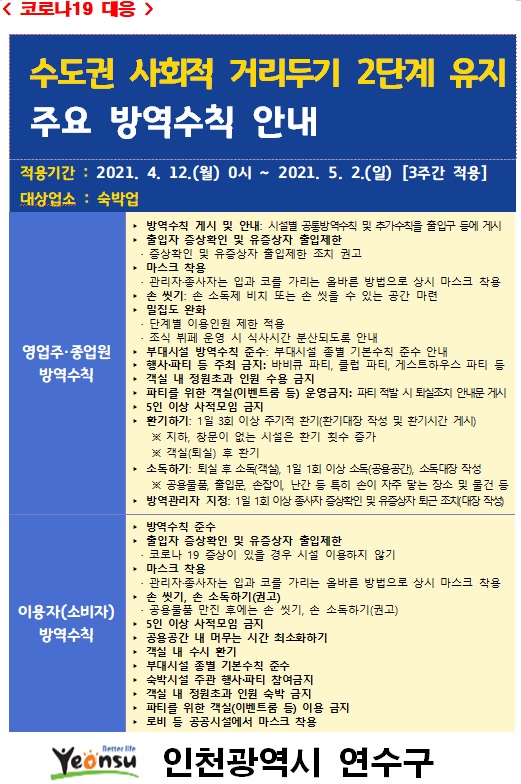 숙박업 사회적 거리두기 2단계 방역수칙 안내문의 2번째 이미지