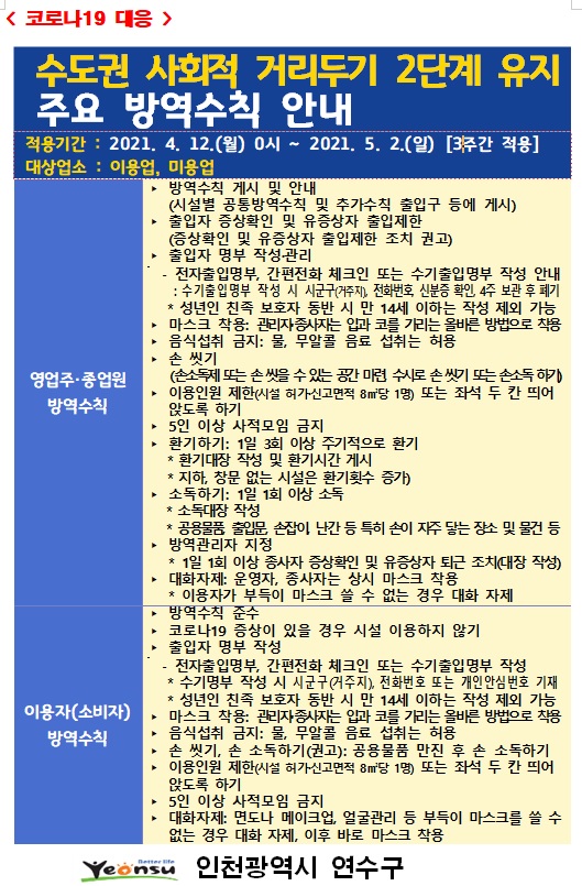 이미용업 사회적 거리두기 2단계 방역수칙 안내문의 2번째 이미지