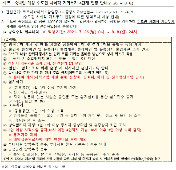 숙박업 거리두기 4단계 연장 관련 안내(7.26.~8.8.)의 1번째 이미지