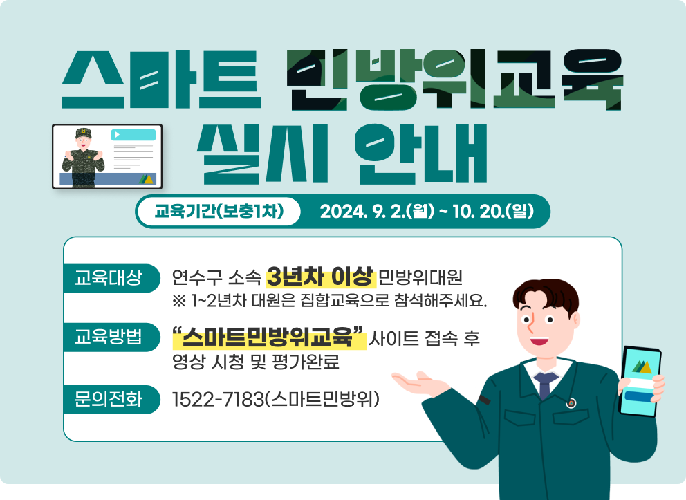 스마트 민방위교육 실시 안내 교육기간(보충1차) : 2024. 9. 2.(월) ~ 10. 20.(일) 교육대상  :연수구 소속 3년차 이상 민방위대원 ※ 1~2년차 대원은 집합교육으로 참석해주세요. 교육방법 : “스마트민방위교육” 사이트 접속 후 영상 시청 및 평가완료 문의전화 : 1522-7183(스마트민방위) 스마트민방위 바로가기 QR코드